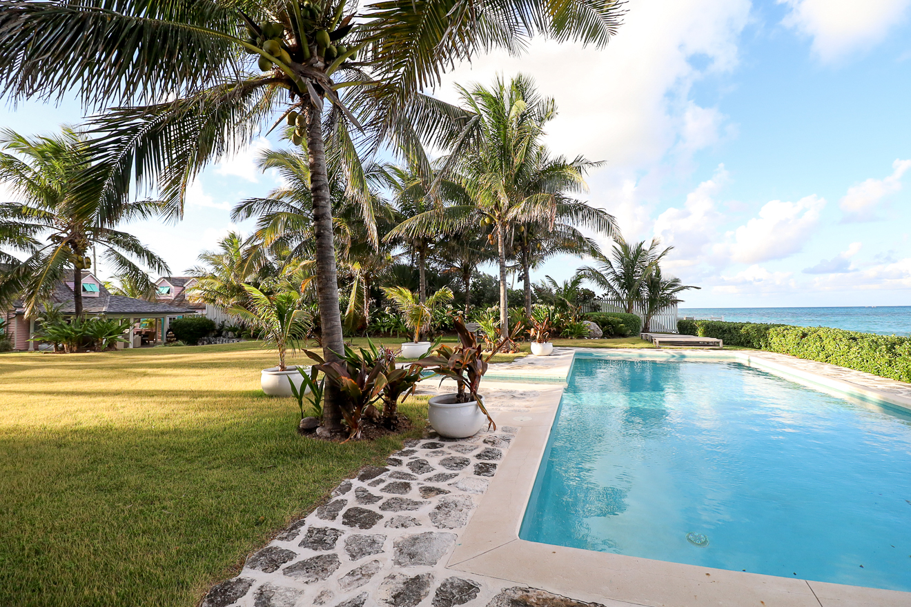 Pool with stone coping, palms, and turquoise Atlantic beyond